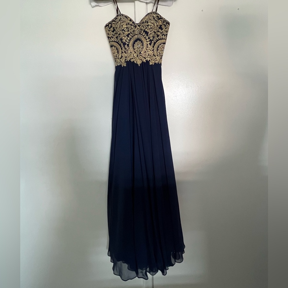 Strapless Navy Blue and Gold Prom Dress